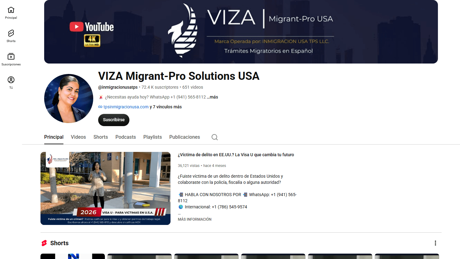 Canal de YouTube de VIZA Migrant-Pro Solutions USA mostrando 72,4 K suscriptores y 651 videos