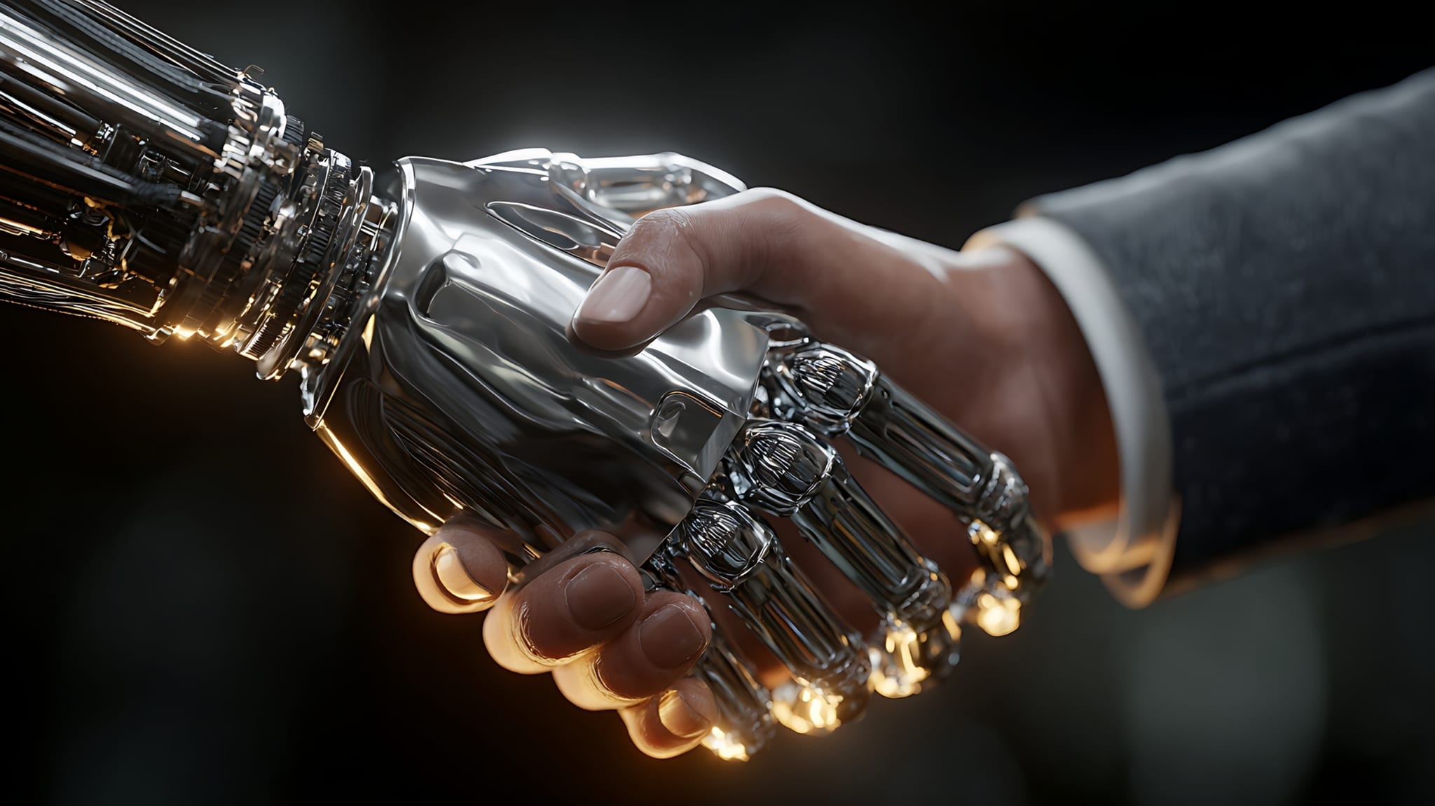 Apretón de manos entre una persona y la tecnología, representando confianza y colaboración humano + sistema