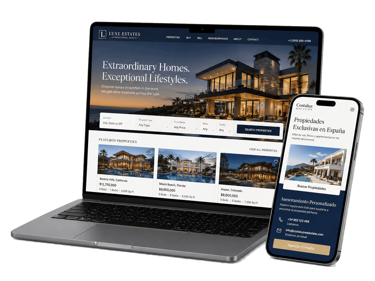 Portátil y teléfono mostrando sitios web inmobiliarios premium creados por Nexsilk